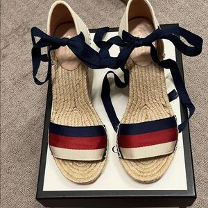 Gucci Navy, Red & Cream Espadrille Wedge Sandals with Ankle Ties